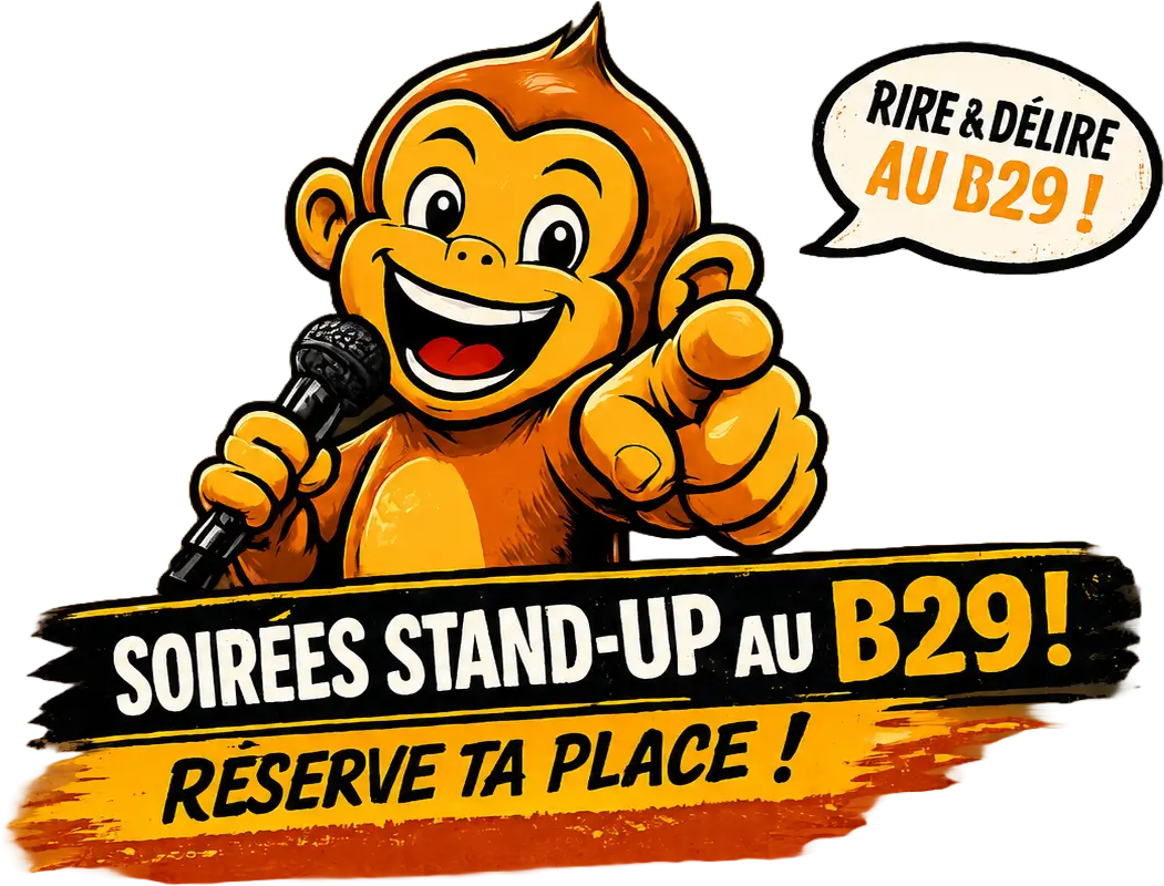 Le singe Ory annonce les soirées stand-up du B29 à Saint-Jory